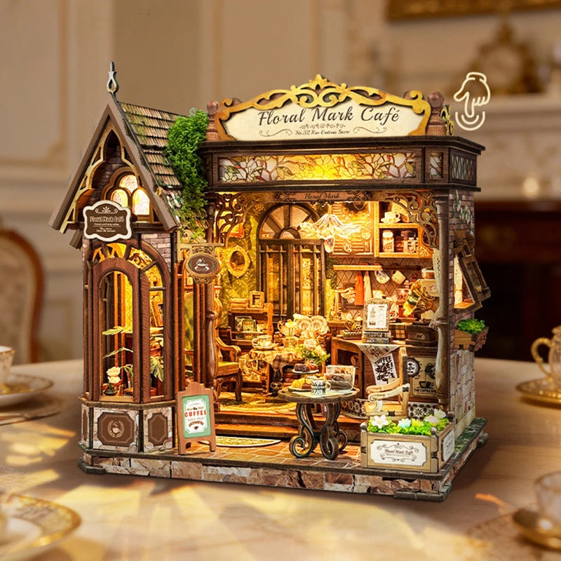 DIY Wooden Flower Shop Café Dollhouse Miniature Kit with LED Lighting