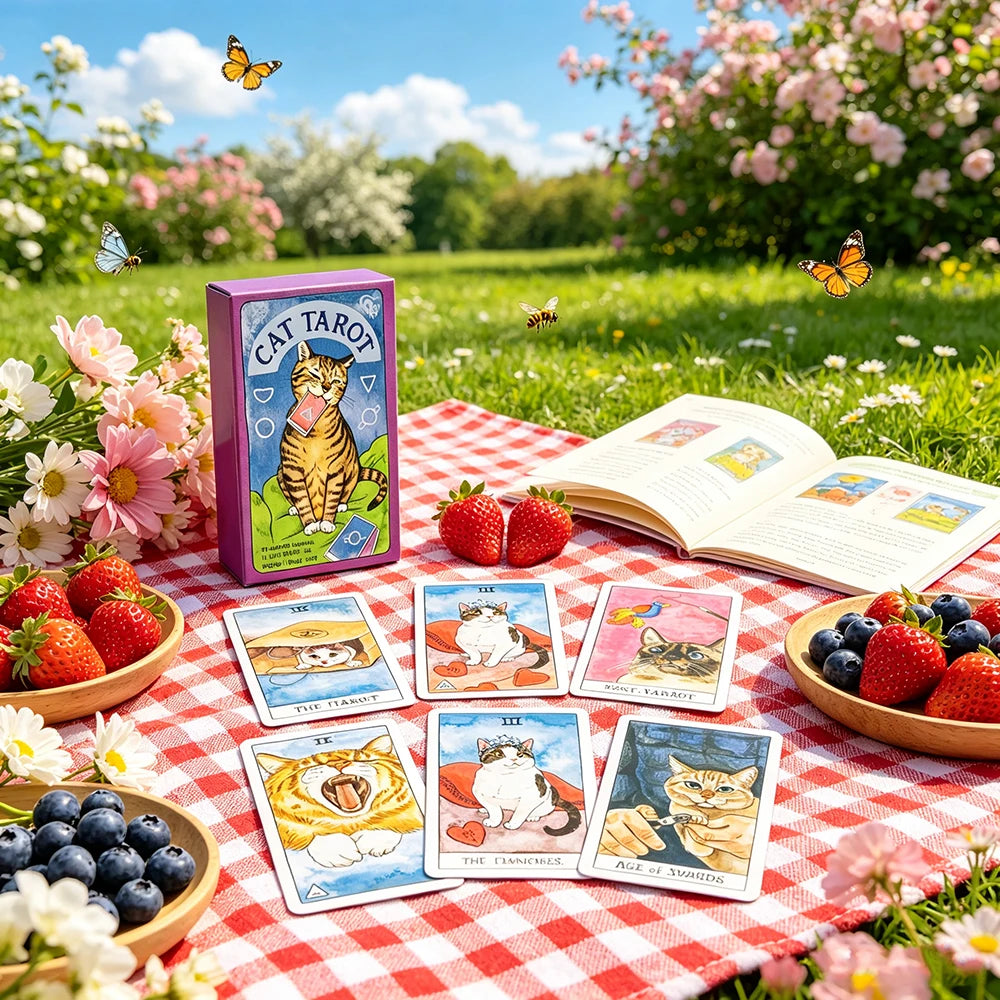A spread of Cat Tarot cards and a purple box laid on a red checkered blanket amidst flowers and greenery.