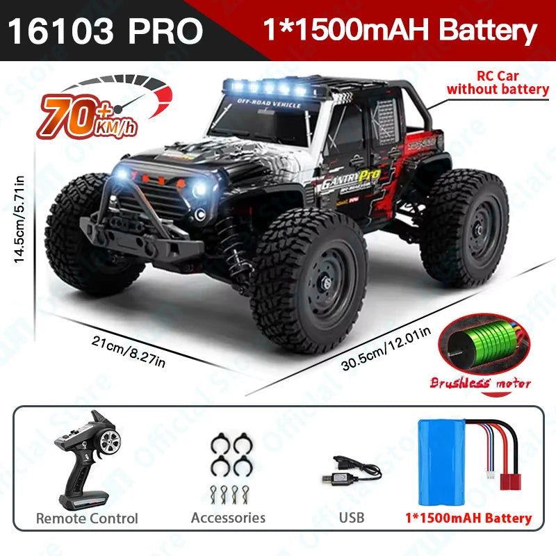 A black and red RC off-road monster truck with LED lights, accessories, and a 1500mAh battery.