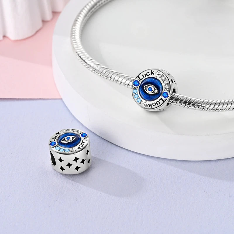 Sterling silver charm beads set featuring luck and evil eye designs for DIY jewelry making