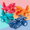 A set of three red, orange, and teal dinosaur transforming cars displayed on a light pink background.