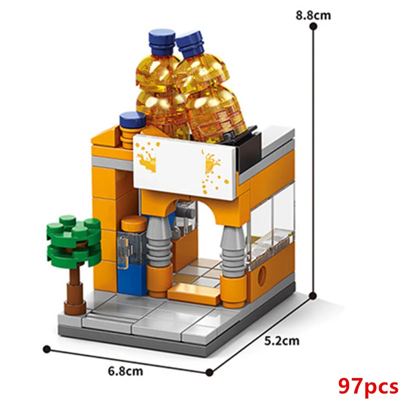 A mini city shop building block set featuring a yellow and orange storefront with bottled goods and a green tree.