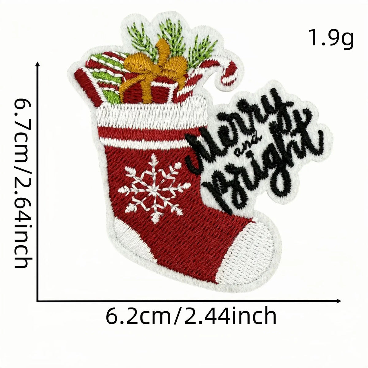 A festive cartoon character iron-on patch shaped like a red stocking with green and gold accents.