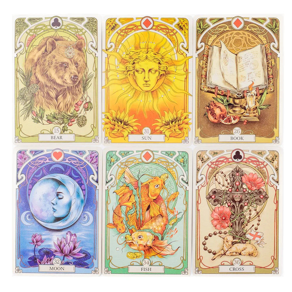 A set of nine Lenormand tarot cards featuring symbols like Bear, Sun, Book, Moon, Fish, Cross, and others.