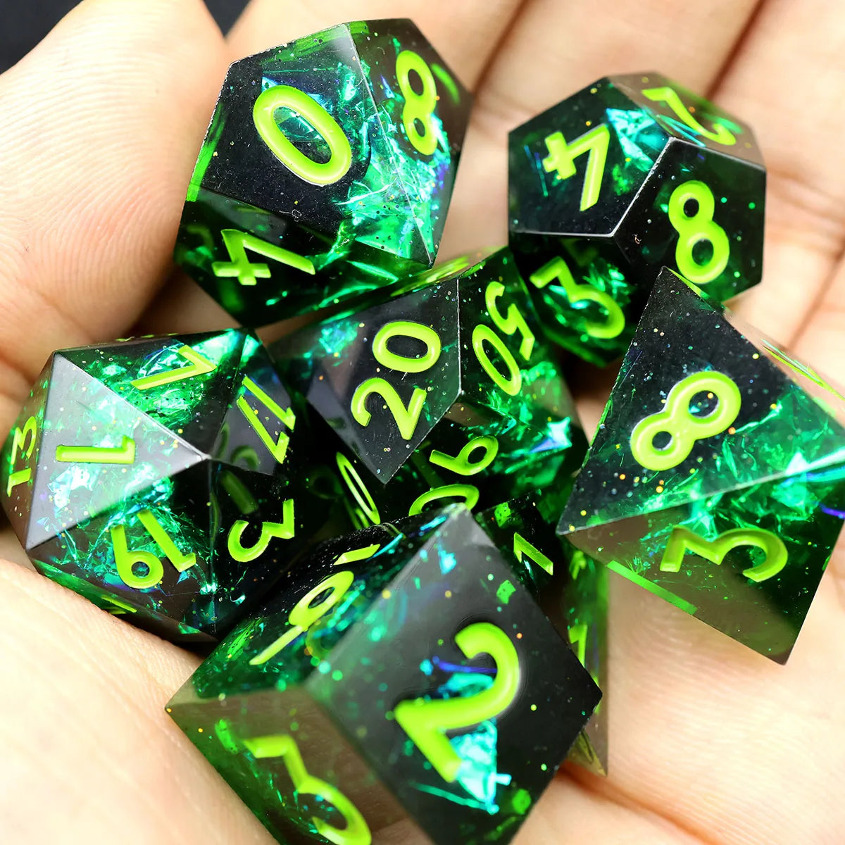 Handmade Resin D&D Dice Set – 7 Polyhedral Dice with Floral Design