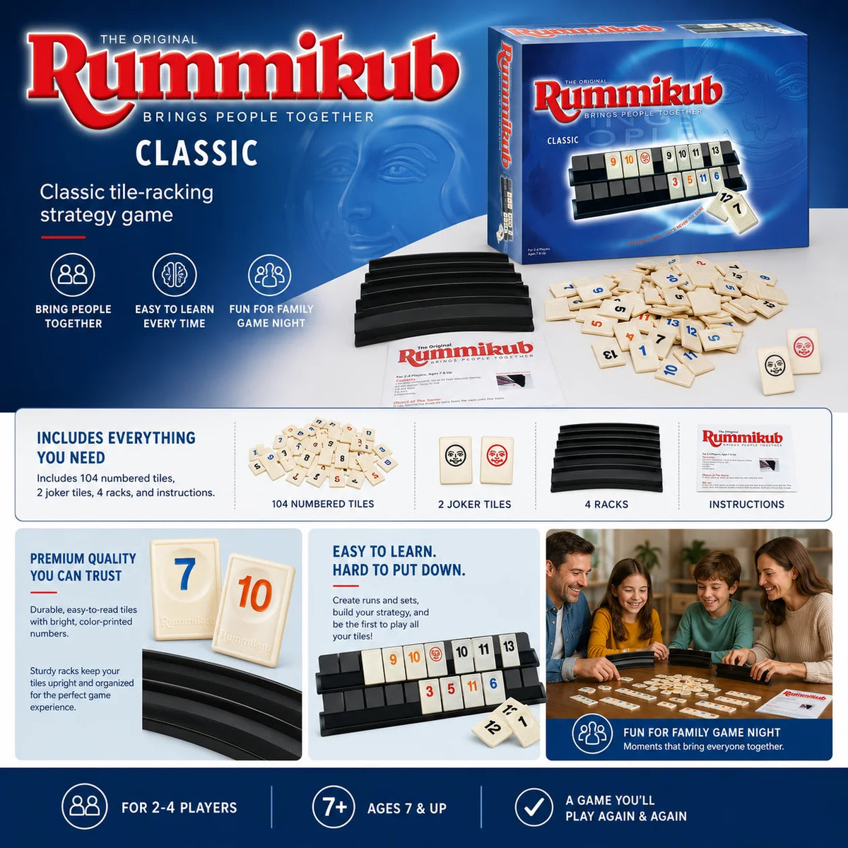 Box and components of the Classic Rummikub tile-racking strategy game including numbered tiles and black racks