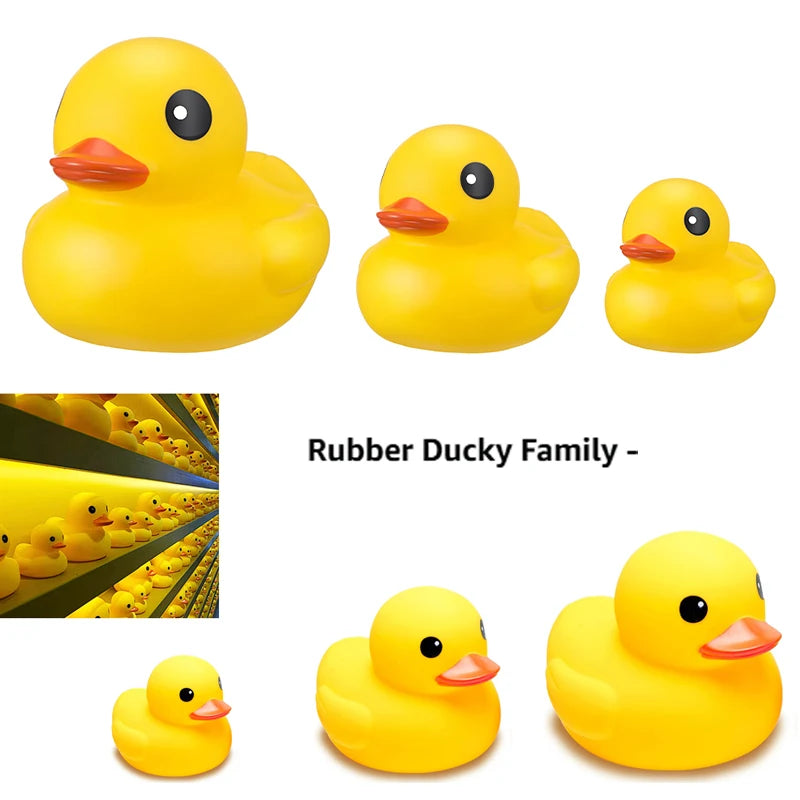 A set of rubber duckies in various sizes, ranging from small to large yellow ducks.