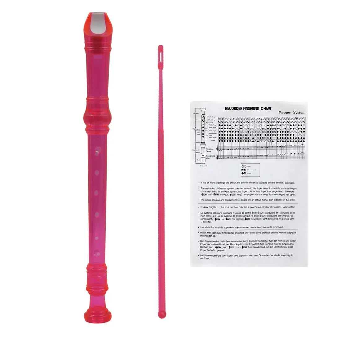 Pink 8-hole soprano recorder with a cleaning rod and fingering chart
