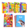 A set of colorful flash cards featuring animals, fruits, and other learning concepts for children.