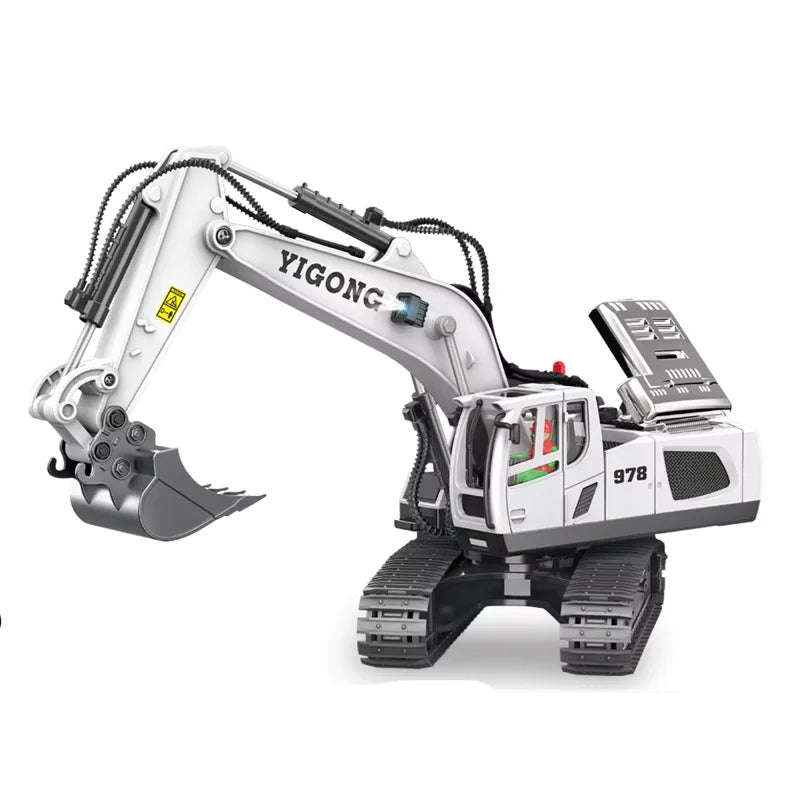 A white YIGONG remote control construction excavator truck for kids with a hydraulic arm and tracks.