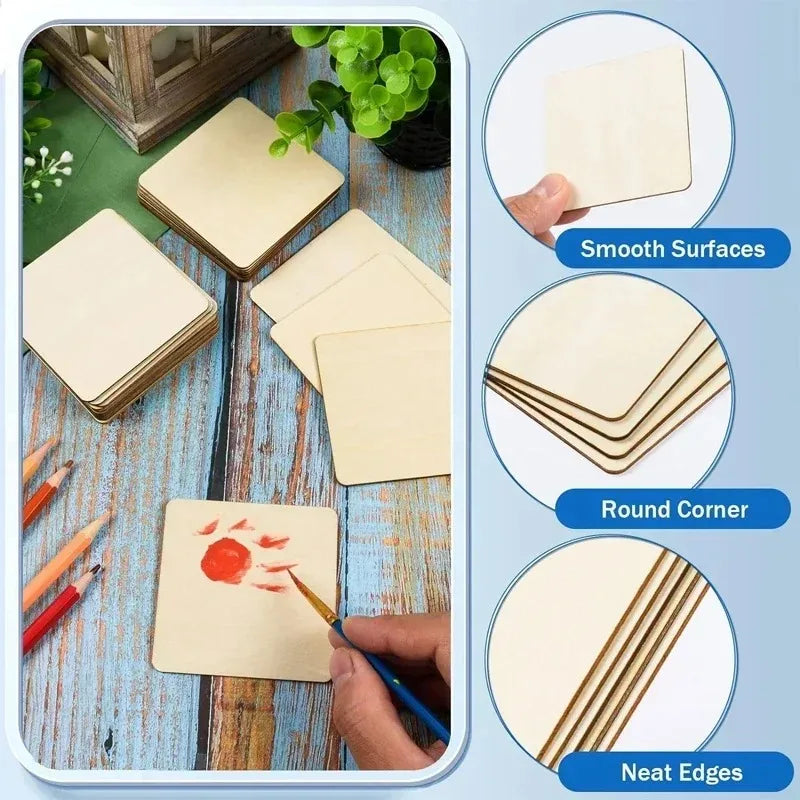 A collection of blank light wood squares showing smooth surfaces, round corners, and neat edges for DIY crafts.