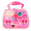 A pink plastic cosmetic case for kids with various makeup items like lipsticks and blushers.
