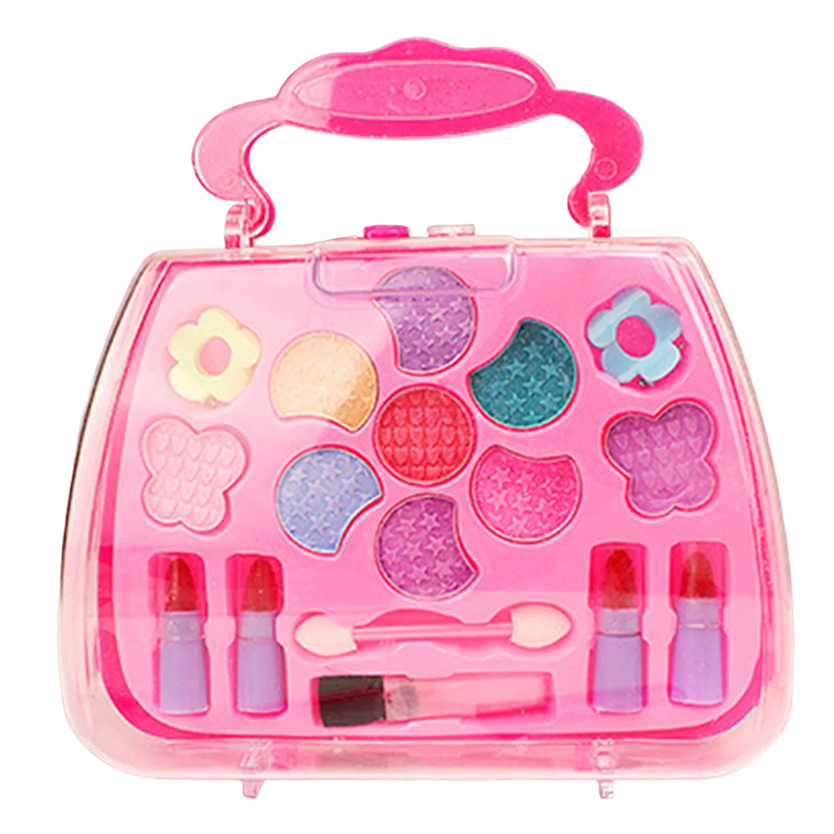 A pink plastic cosmetic case for kids with various makeup items like lipsticks and blushers.