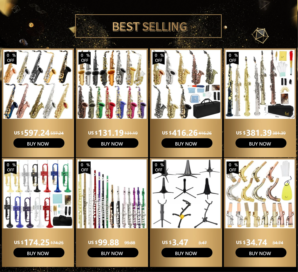 A collection of various musical instruments and strings including oud, flutes, and other wind instruments.