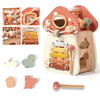 A wooden mushroom castle stacking toy puzzle for kids featuring various wooden pieces and a mirror.
