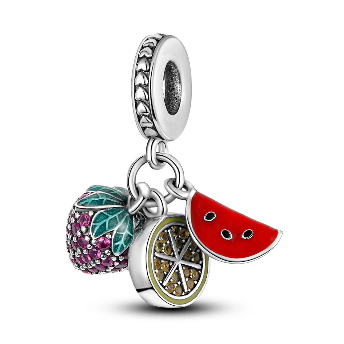 A silver fruit charm bead set featuring a watermelon slice and a strawberry, designed for bracelets.