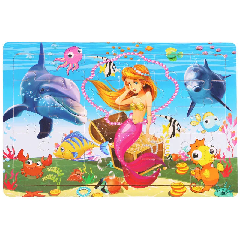 A 30-piece wooden jigsaw puzzle featuring colorful animals and a girl with long yellow hair.