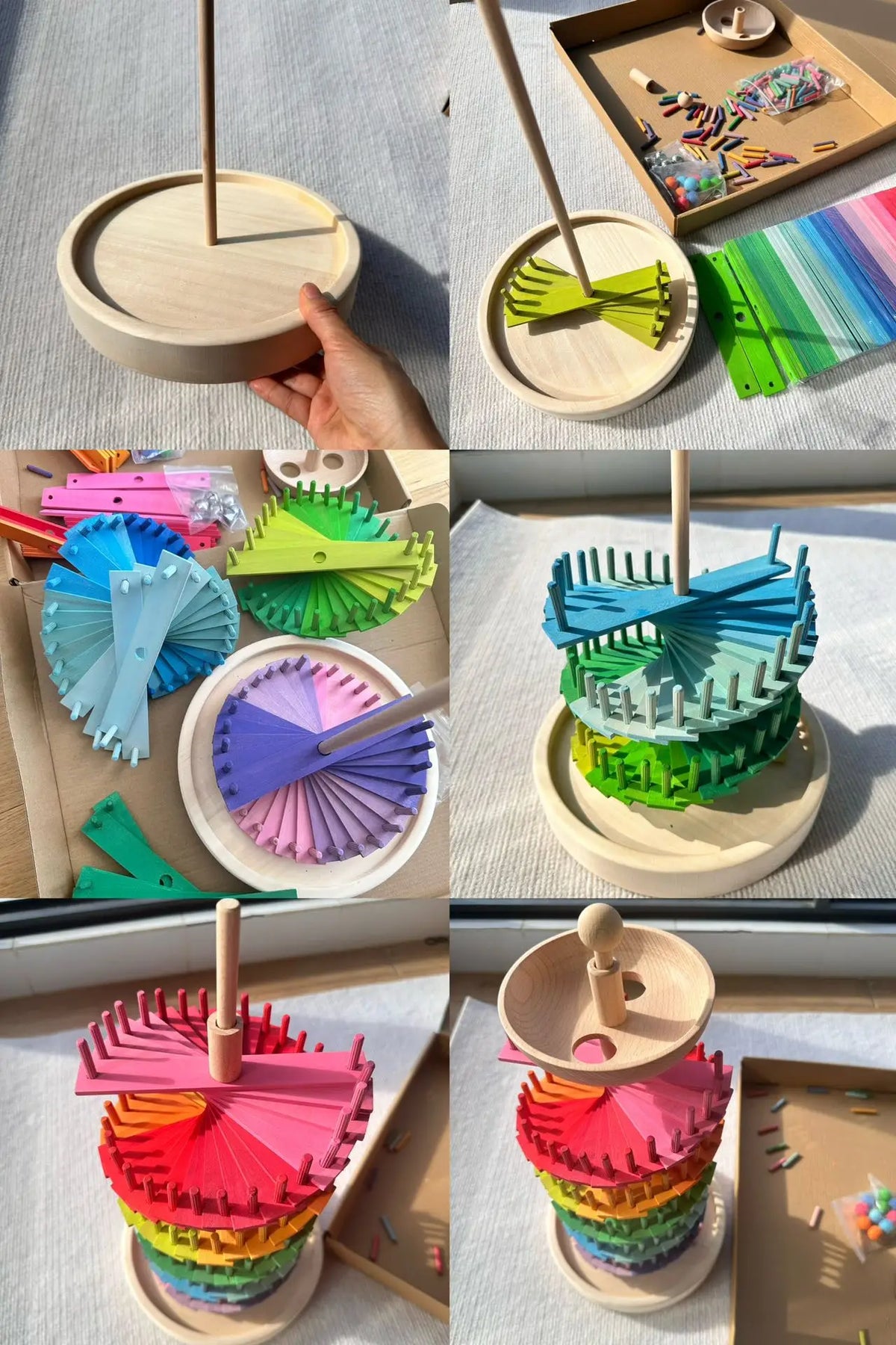 Colorful sensory music trees with marble runs showing various shades of green, blue, and pink.