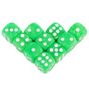 A set of ten green marble effect acrylic six-sided dice for tabletop role-playing games