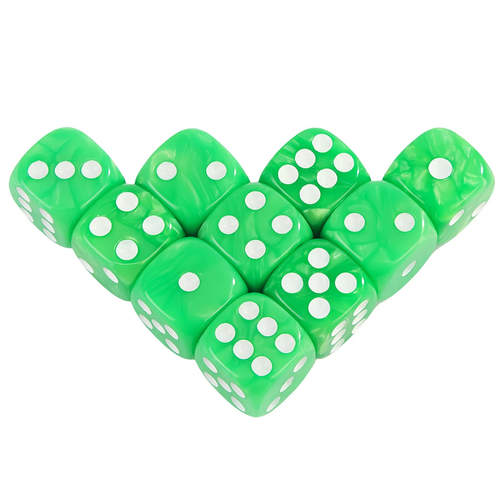 A set of ten green marble effect acrylic six-sided dice for tabletop role-playing games
