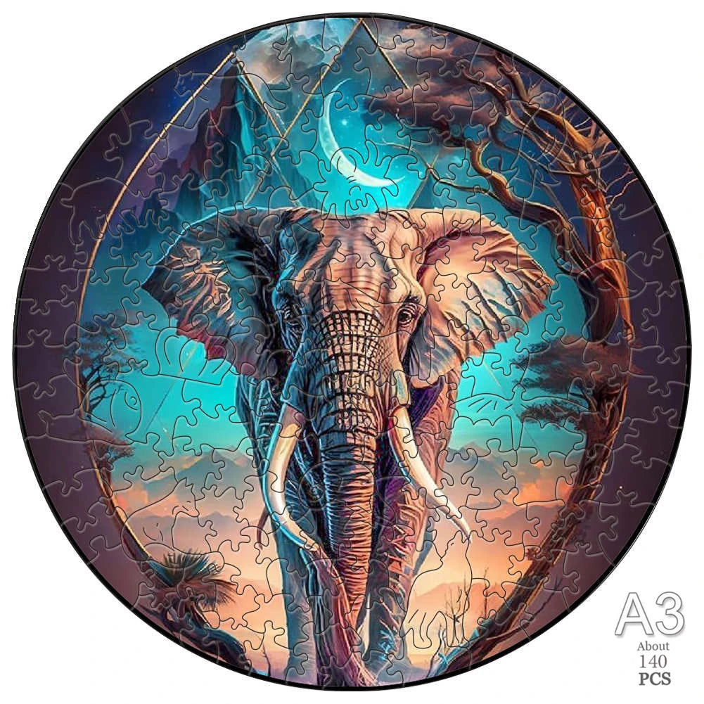 A circular jigsaw puzzle depicting an elephant silhouette against a blue and purple background.