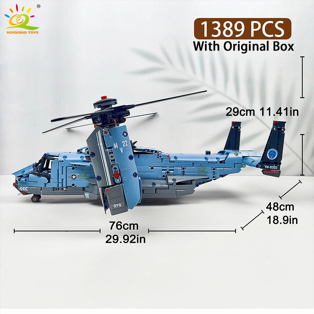 Blue V-22 Osprey military aircraft building block set with original box and accessories