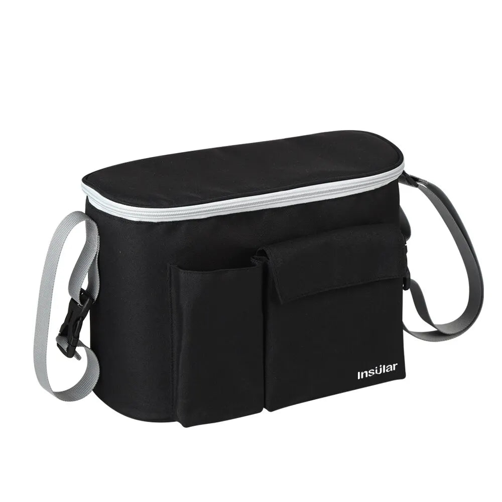Black Insular stroller organizer bag with a bottle holder and carrying straps