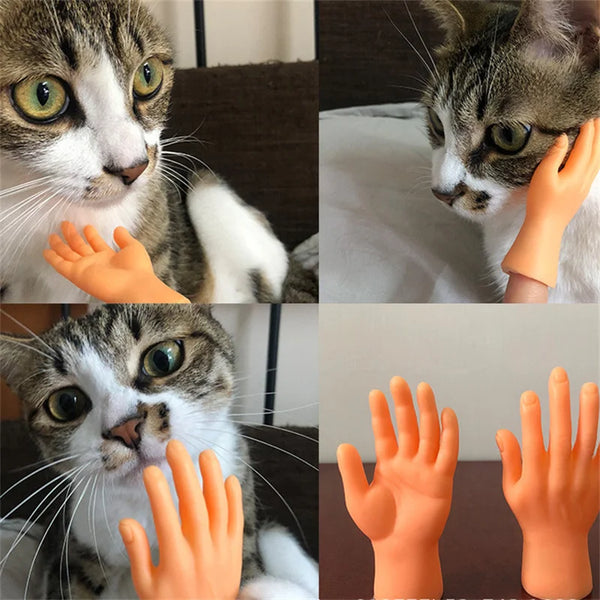 A collage of silicone finger toys shaped like paws and fingers used for pets, featuring a tabby cat.