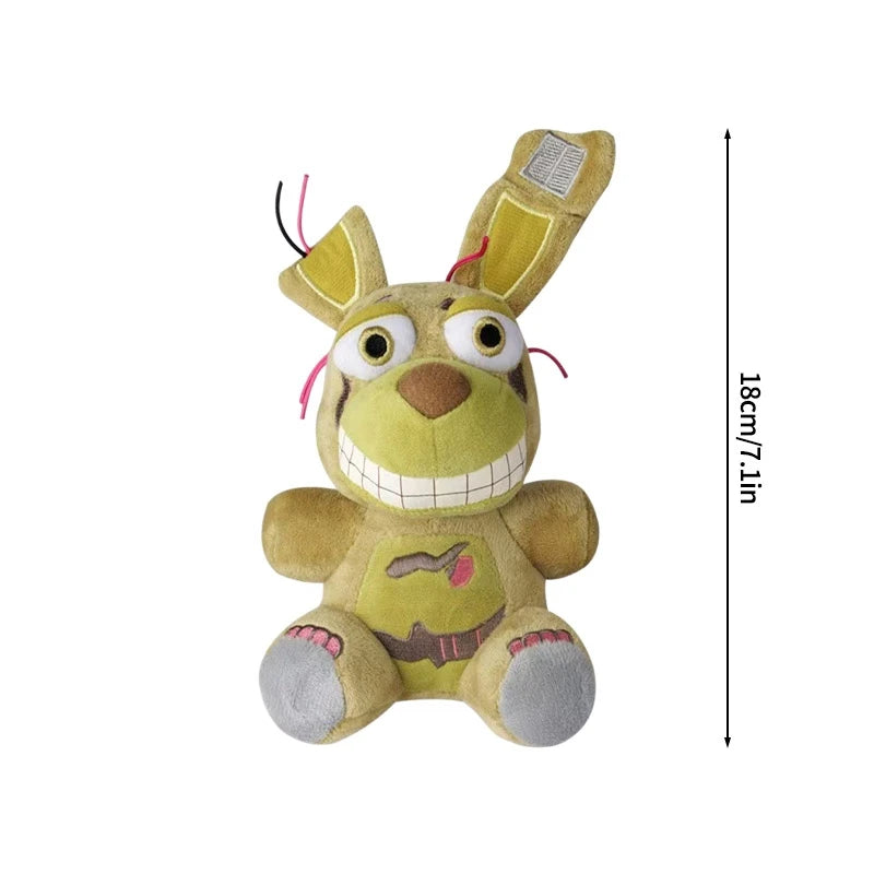 A plush toy figure of Bonnie from Five Nights at Freddy's with yellow and brown fur and large eyes.