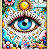 A colorful diamond painting design featuring an evil eye motif with a sun and moon.