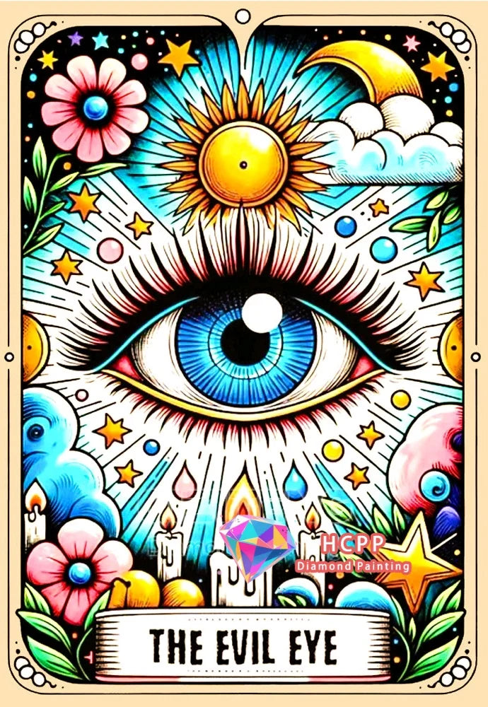 A colorful diamond painting design featuring an evil eye motif with a sun and moon.