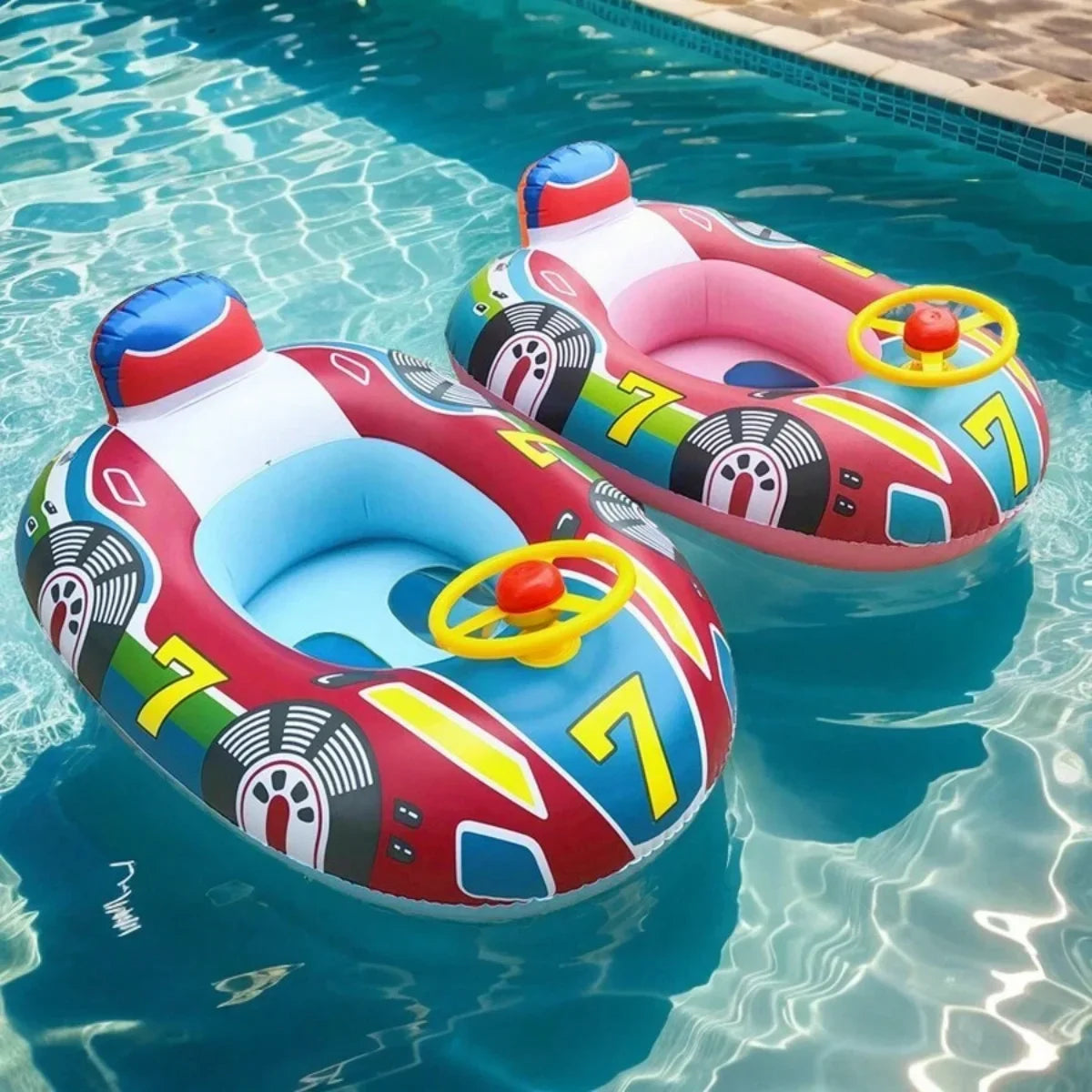 A red and blue inflatable car-shaped baby pool float with a safety seat and yellow handles floating in clear water.