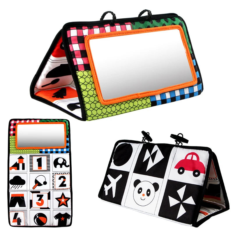 High-Contrast Tummy Time Baby Mirror with Crinkle Cloth Book and Teether