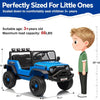 Blue electric ride-on truck for kids with a parent remote, shown next to a child.