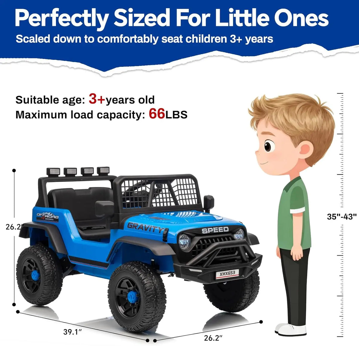 Blue electric ride-on truck for kids with a parent remote, shown next to a child.