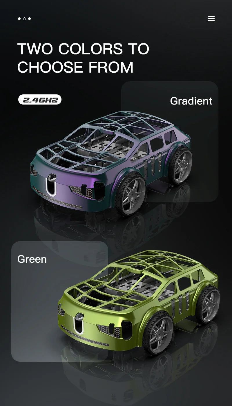 A comparison of two colors, a purple gradient and a green color, for a 2.4GHz RC car drone model.