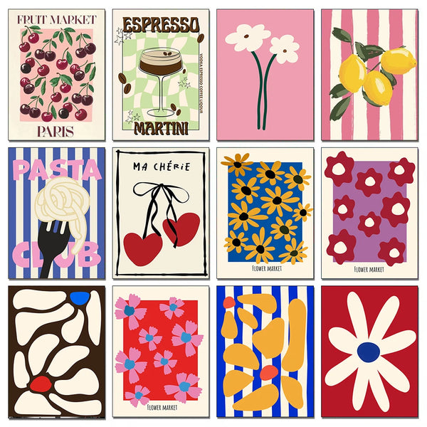 Eine Sammlung von Diamantmal-Kits mit verschiedenen Themen wie Obstmärkte, Espresso, Margaritas, Pasta und Blumen.