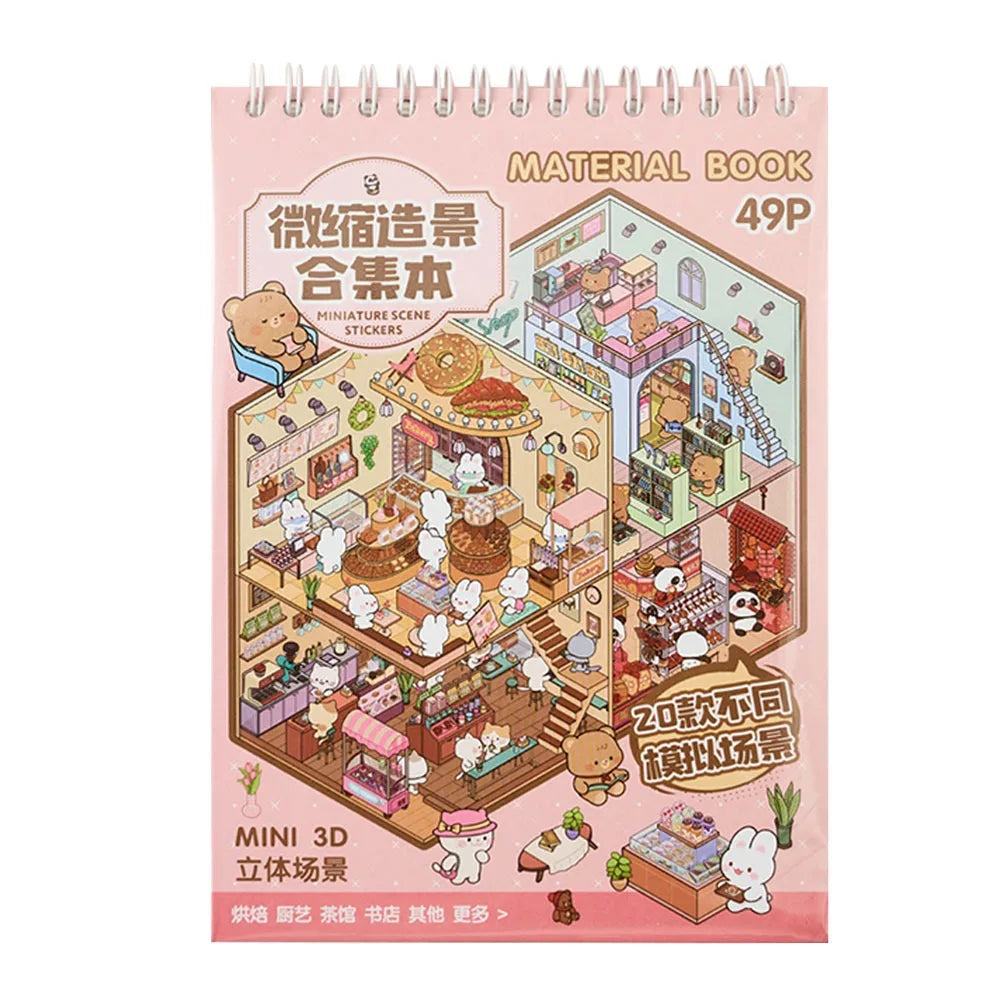 A pink and beige sticker book featuring miniature 3D scenes and items for creative kids.