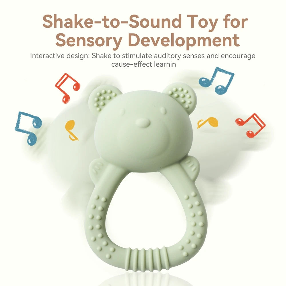 Bear-Shaped Silicone Baby Teether with Rattle Handle