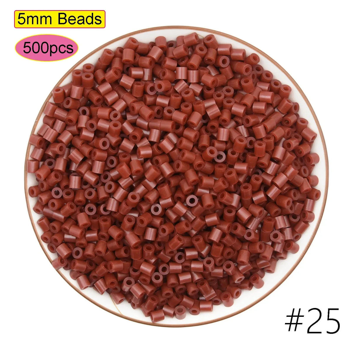 A pile of 5mm brown beads, numbered #25, used for creative fuse bead craft kits.