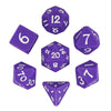 A set of purple silicone polyhedral dice, including a d6, d8, d10, d12, d20, and d100, displayed against a white background.