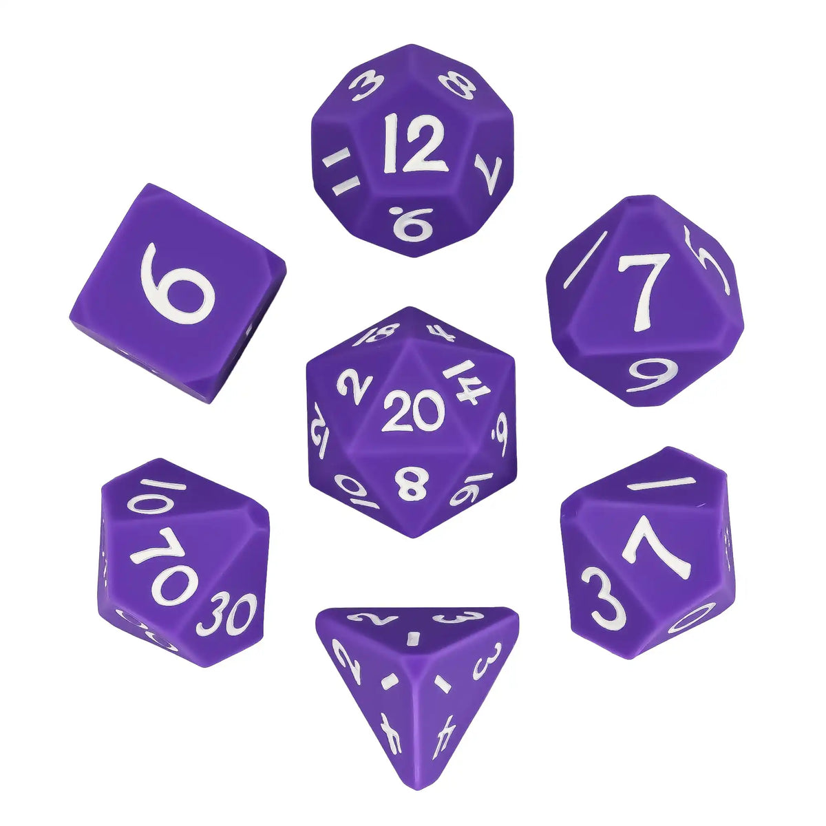 A set of purple silicone polyhedral dice, including a d6, d8, d10, d12, d20, and d100, displayed against a white background.