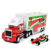A red diecast toy hauler truck with a white trailer and various accessories.