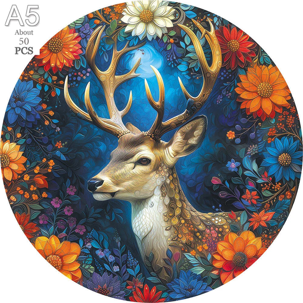 A circular wooden puzzle featuring a deer head surrounded by colorful floral and nature elements.