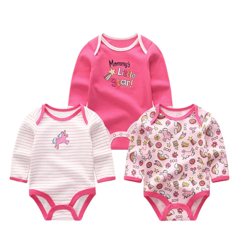 A pink cotton baby bodysuit 3-pack with long sleeves featuring a 'Mommy's Little Star!' design.