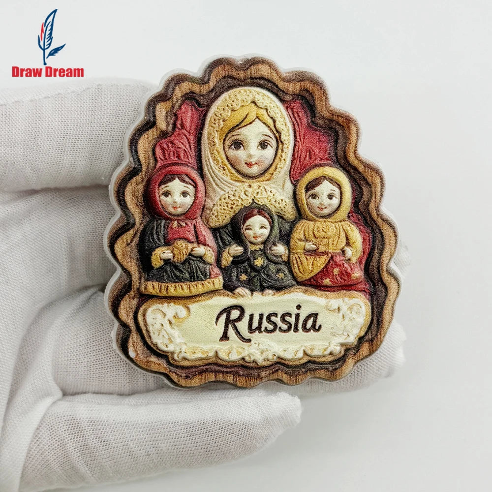 A wooden refrigerator magnet featuring a portrait of a woman and the word Russia in an ornate frame.