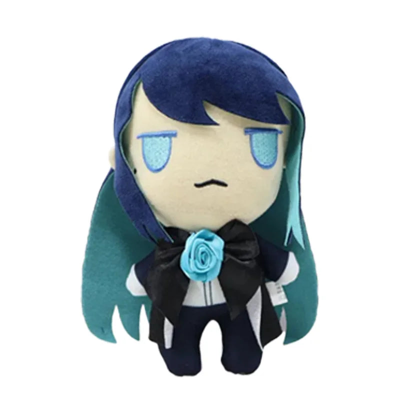 A plush doll of Ado Hibana with dark blue hair and blue eyes wearing a black ribbon bow