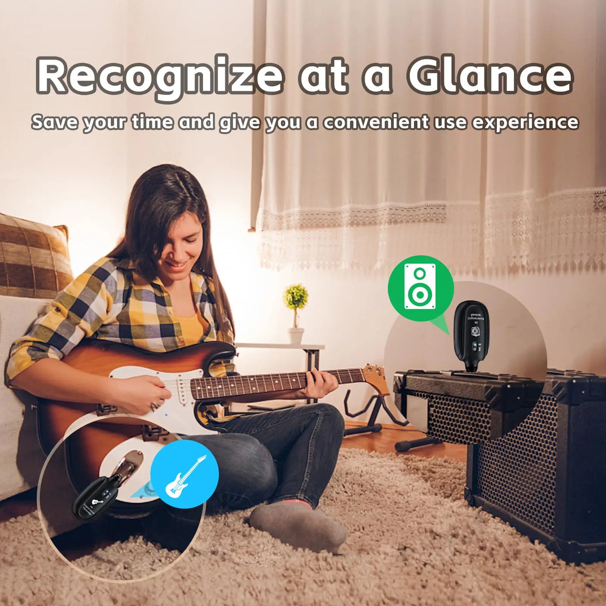 A woman plays an acoustic guitar while using an A8 wireless guitar transmitter and receiver system.