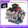 A detailed model of a Mould King V8 Engine built from clear plastic and metal components.