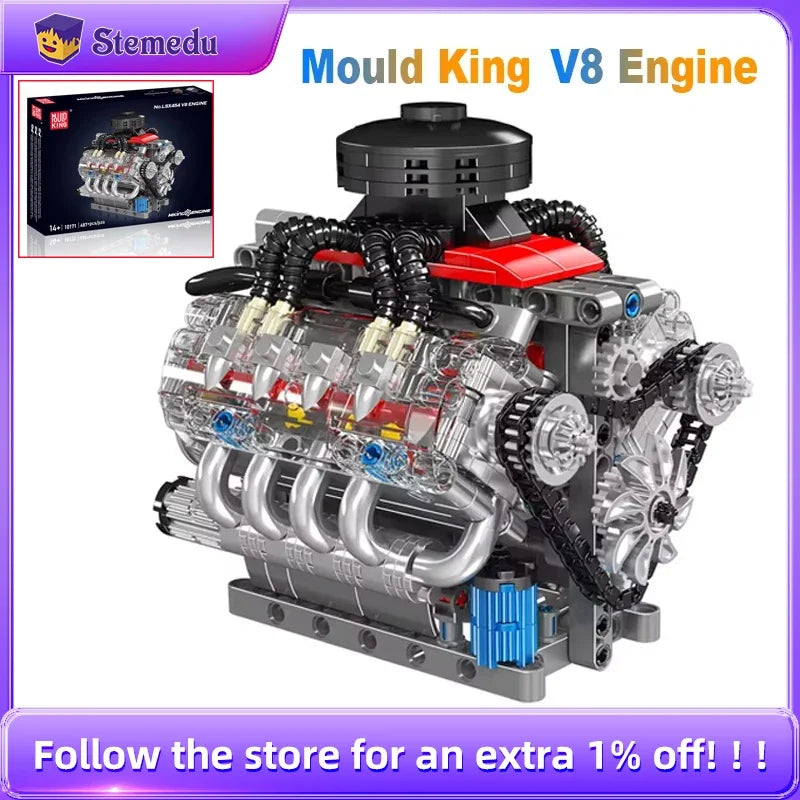 A detailed model of a Mould King V8 Engine built from clear plastic and metal components.